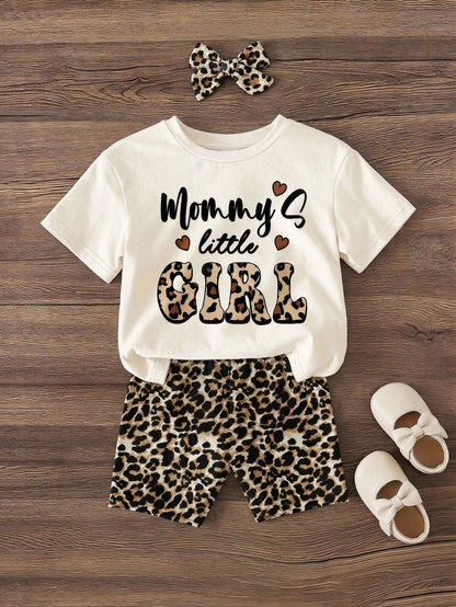 Happikins Mama's Little Girl Baby Girl's Vintage Leopard Print T-Shirt And Skinny Shorts Set,Cream White Brown Summer Casual Vacation Loose Shorts