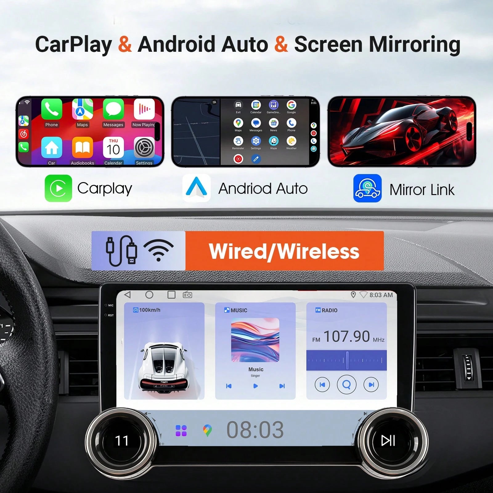 Haudio 10'' Double Din Car Android Player, HD Screen Car Stereo With CarPlay & For Android Auto & Mirror Link, Support Steering Wheel Control, EQ Effects, And Rear View Camera For Cars, For Christmas