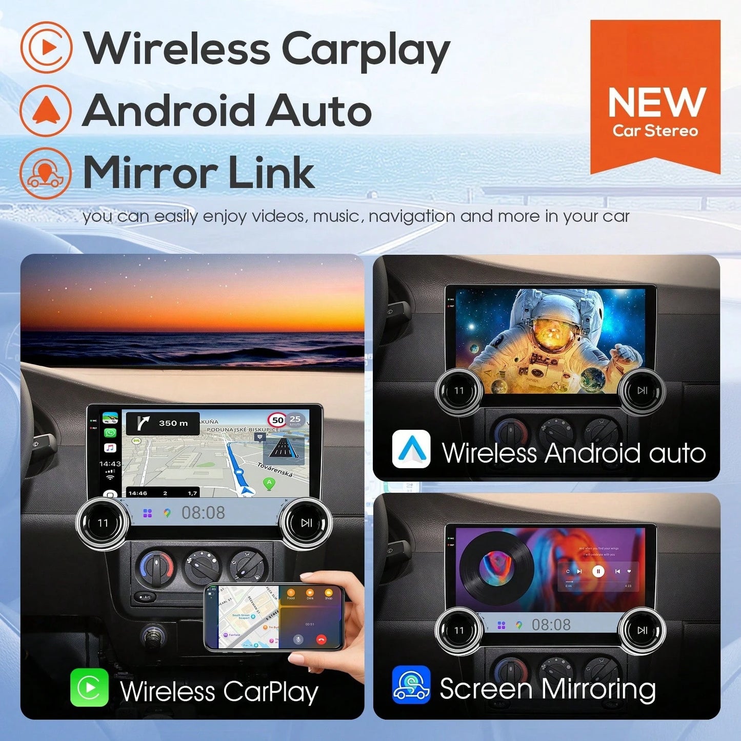 Haudio 10'' Double Din Car Android Player, HD Screen Car Stereo With CarPlay & For Android Auto & Mirror Link, Support Steering Wheel Control, EQ Effects, And Rear View Camera For Cars, For Christmas