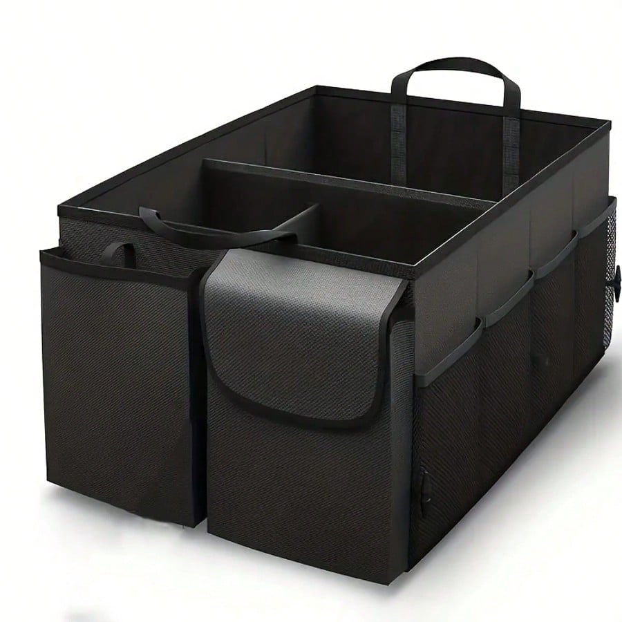 Heavy-Duty Oxford Cloth Car Trunk Organizer Bag- 2-Compartment Foldable Design With Adjustable Dividers And Non-Slip Base, Suitable For SUVs And Sedans, Black, A Travel Gear Organizer, Compact And Du