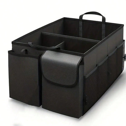 Heavy-Duty Oxford Cloth Car Trunk Organizer Bag- 2-Compartment Foldable Design With Adjustable Dividers And Non-Slip Base, Suitable For SUVs And Sedans, Black, A Travel Gear Organizer, Compact And Du