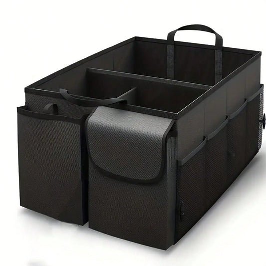 Heavy-Duty Oxford Cloth Car Trunk Organizer Bag- 2-Compartment Foldable Design With Adjustable Dividers And Non-Slip Base, Suitable For SUVs And Sedans, Black, A Travel Gear Organizer, Compact And Du