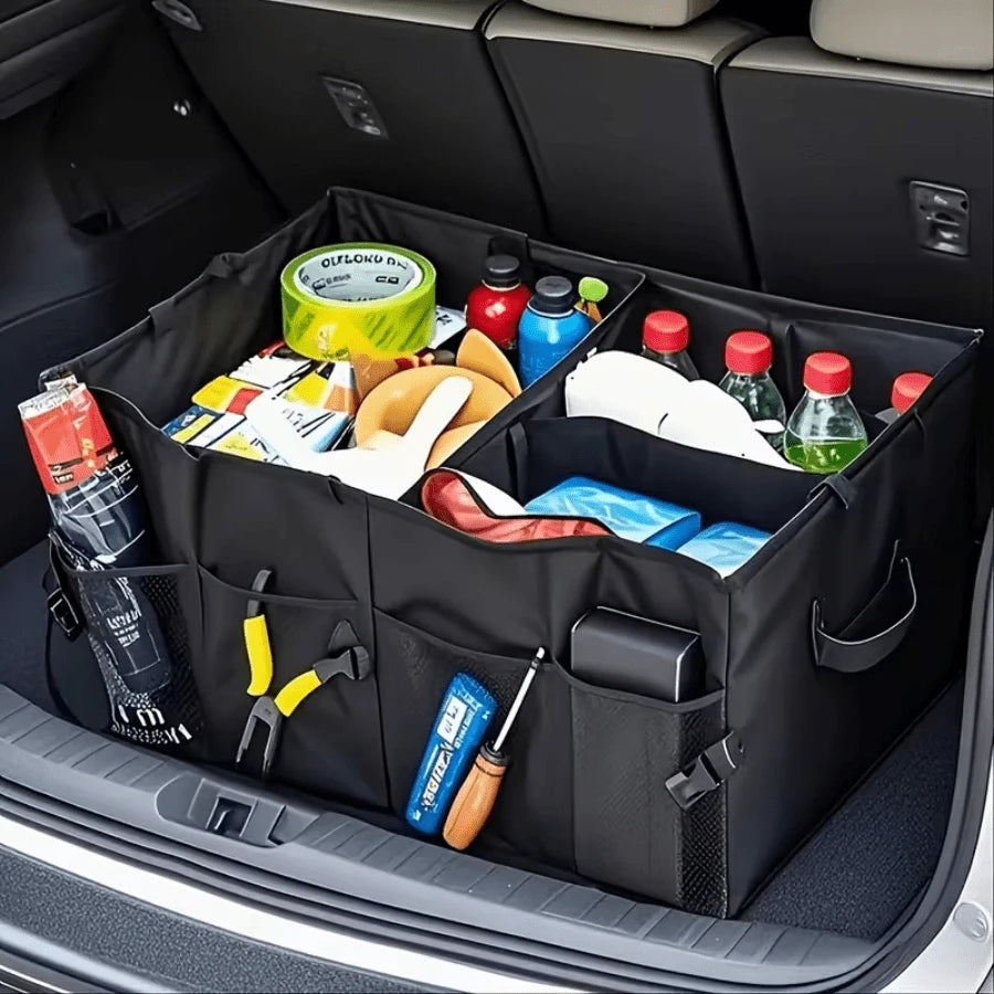 Heavy-Duty Oxford Cloth Car Trunk Organizer Bag- 2-Compartment Foldable Design With Adjustable Dividers And Non-Slip Base, Suitable For SUVs And Sedans, Black, A Travel Gear Organizer, Compact And Du