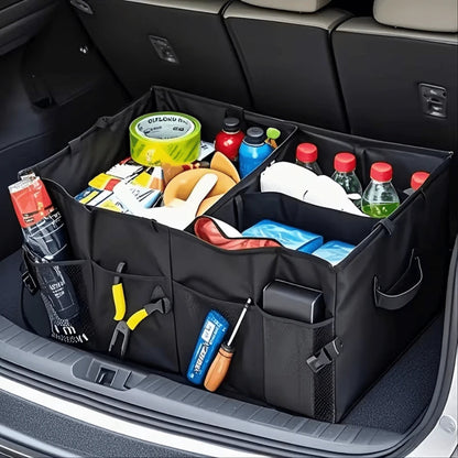 Heavy-Duty Oxford Cloth Car Trunk Organizer Bag- 2-Compartment Foldable Design With Adjustable Dividers And Non-Slip Base, Suitable For SUVs And Sedans, Black, A Travel Gear Organizer, Compact And Du