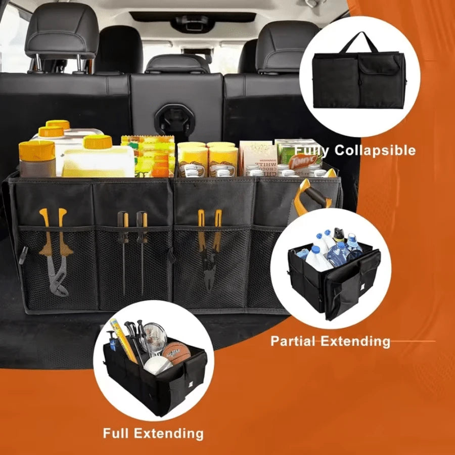 Heavy-Duty Oxford Cloth Car Trunk Organizer Bag- 2-Compartment Foldable Design With Adjustable Dividers And Non-Slip Base, Suitable For SUVs And Sedans, Black, A Travel Gear Organizer, Compact And Du