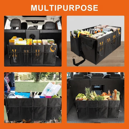 Heavy-Duty Oxford Cloth Car Trunk Organizer Bag- 2-Compartment Foldable Design With Adjustable Dividers And Non-Slip Base, Suitable For SUVs And Sedans, Black, A Travel Gear Organizer, Compact And Du