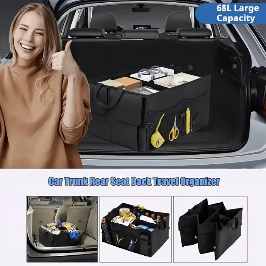 Heavy-Duty Oxford Cloth Car Trunk Organizer Bag- 2-Compartment Foldable Design With Adjustable Dividers And Non-Slip Base, Suitable For SUVs And Sedans, Black, A Travel Gear Organizer, Compact And Du
