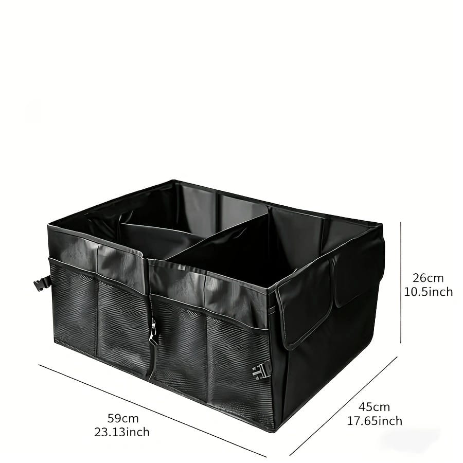 Heavy-Duty Oxford Cloth Car Trunk Organizer Bag- 2-Compartment Foldable Design With Adjustable Dividers And Non-Slip Base, Suitable For SUVs And Sedans, Black, A Travel Gear Organizer, Compact And Du