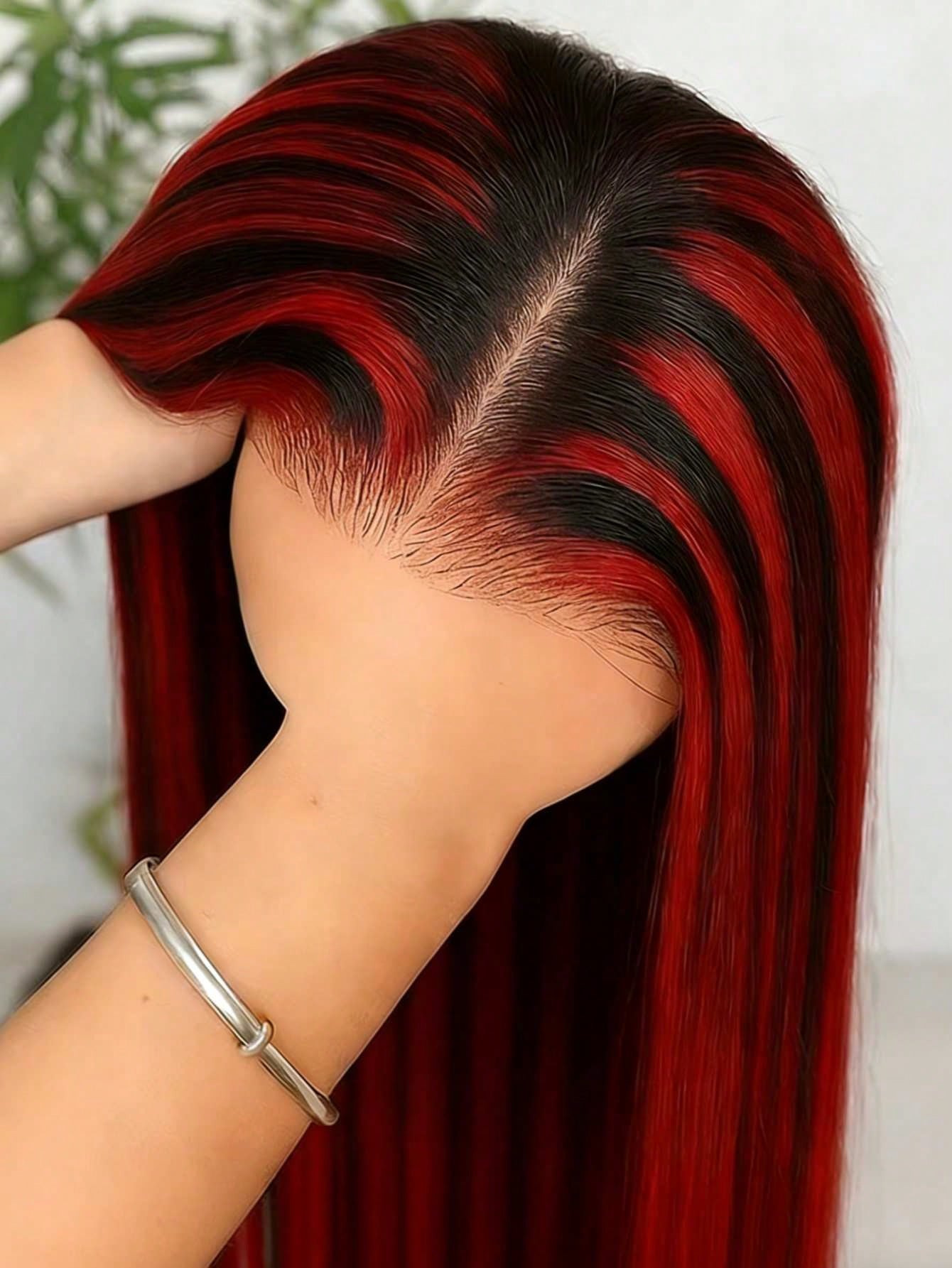 Highlight Burgundy 13x4 HD Transparent Long Straight Lace Front Wigs Human Hair With Baby Hair 180 Density Brazilian Remy Natural Straight Lace Frontal Wigs For Women Omber Red Colored Glueless Wigs P