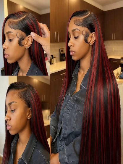 Highlight Burgundy 13x4 HD Transparent Long Straight Lace Front Wigs Human Hair With Baby Hair 180 Density Brazilian Remy Natural Straight Lace Frontal Wigs For Women Omber Red Colored Glueless Wigs P