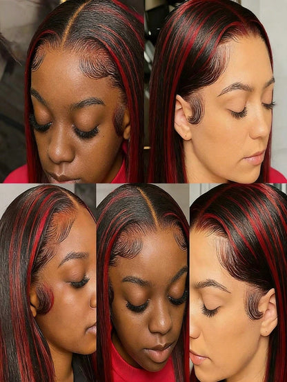 Highlight Burgundy 13x4 HD Transparent Long Straight Lace Front Wigs Human Hair With Baby Hair 180 Density Brazilian Remy Natural Straight Lace Frontal Wigs For Women Omber Red Colored Glueless Wigs P