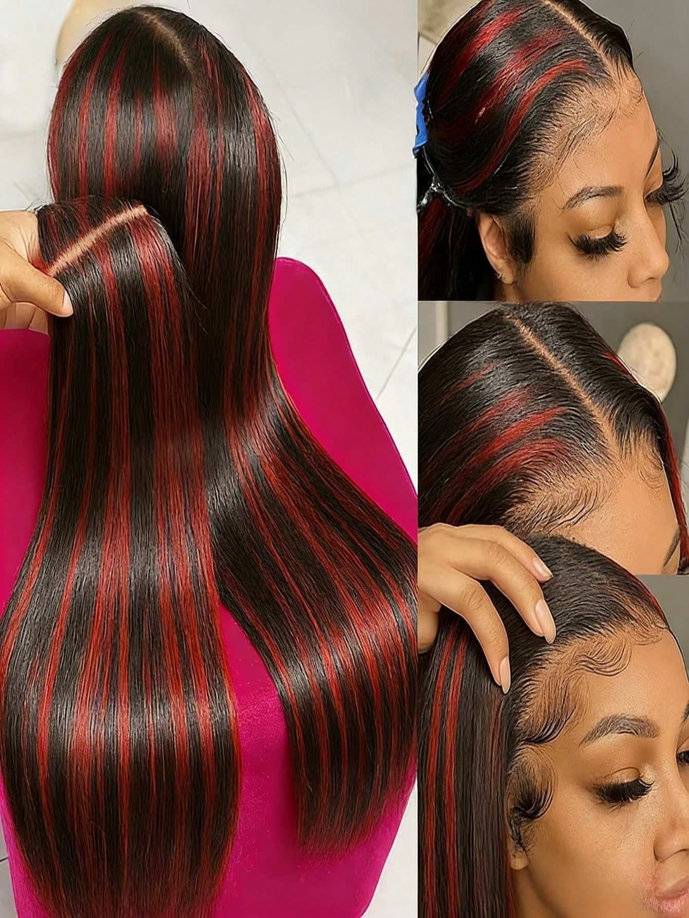 Highlight Burgundy 13x4 HD Transparent Long Straight Lace Front Wigs Human Hair With Baby Hair 180 Density Brazilian Remy Natural Straight Lace Frontal Wigs For Women Omber Red Colored Glueless Wigs P