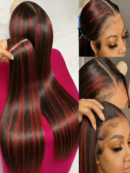 Highlight Burgundy 13x4 HD Transparent Long Straight Lace Front Wigs Human Hair With Baby Hair 180 Density Brazilian Remy Natural Straight Lace Frontal Wigs For Women Omber Red Colored Glueless Wigs P