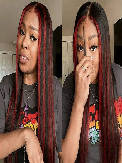 Highlight Burgundy 13x4 HD Transparent Long Straight Lace Front Wigs Human Hair With Baby Hair 180 Density Brazilian Remy Natural Straight Lace Frontal Wigs For Women Omber Red Colored Glueless Wigs P