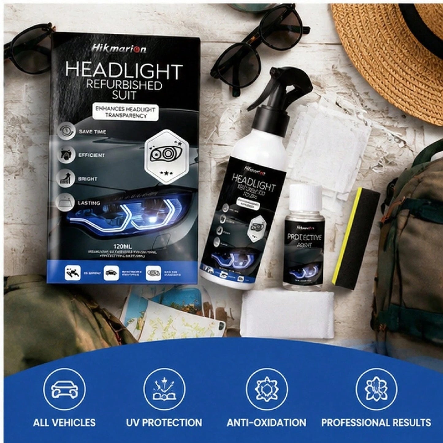 Hikmarion Headlight Restoration Kit- UV-Resistant, Easy DIY Shine Reviver For Foggy, Yellowed Car Lights