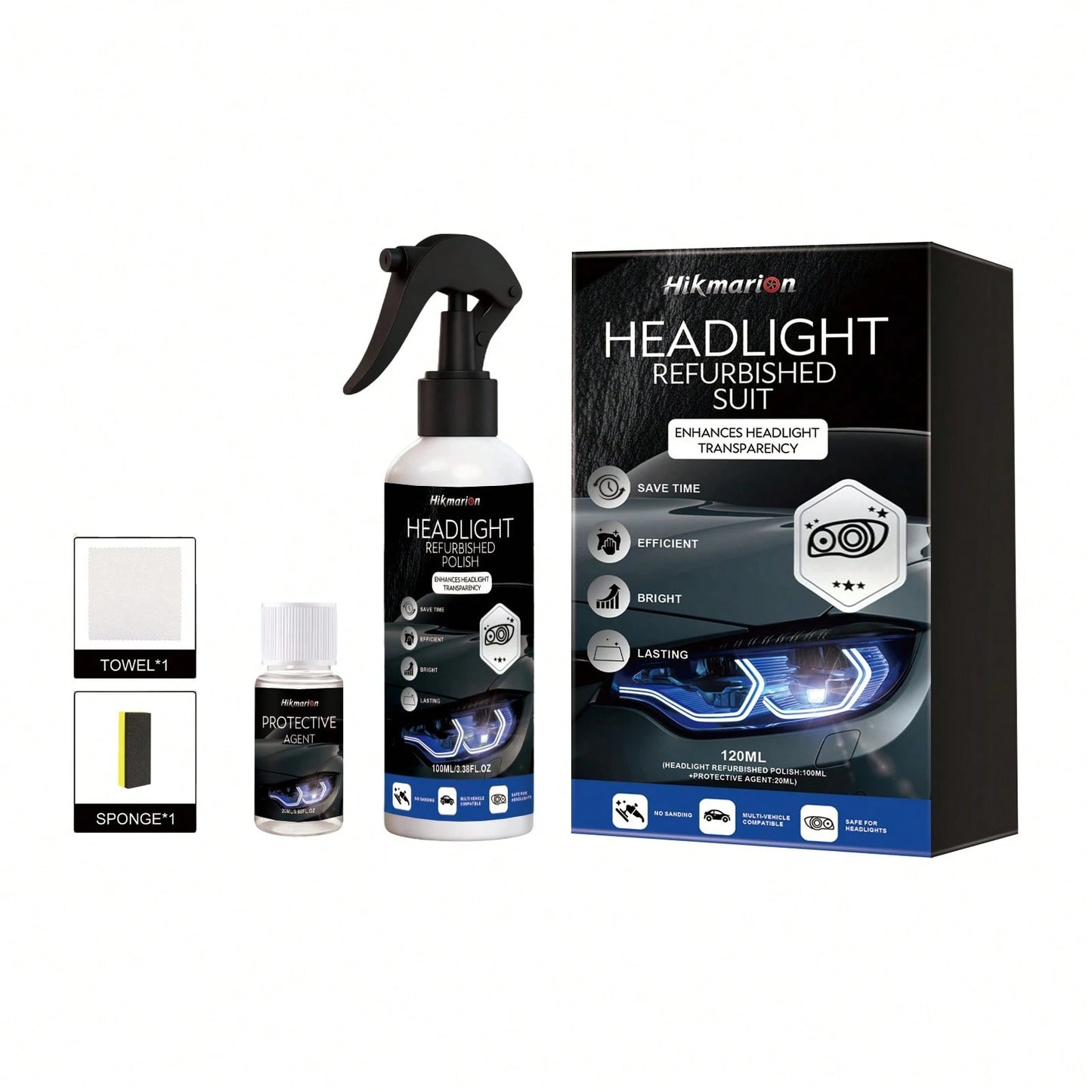 Hikmarion Headlight Restoration Kit- UV-Resistant, Easy DIY Shine Reviver For Foggy, Yellowed Car Lights