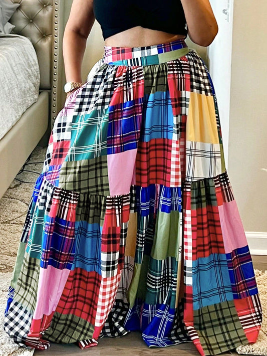 Holiday Chic Bohemian Plaid Print Patchwork Elastic Waist Waist Side Pocket Half Skirt.