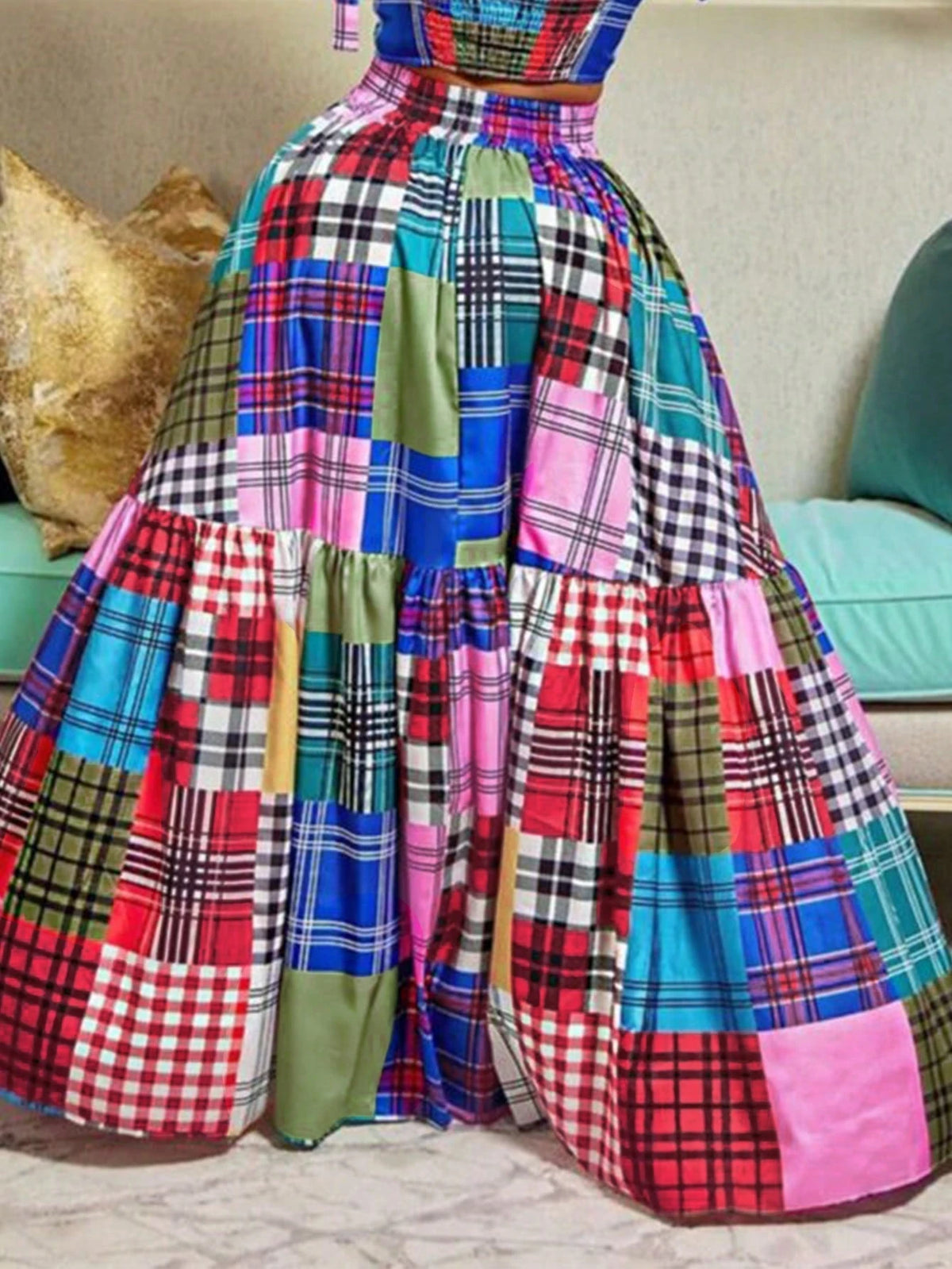 Holiday Chic Bohemian Plaid Print Patchwork Elastic Waist Waist Side Pocket Half Skirt.