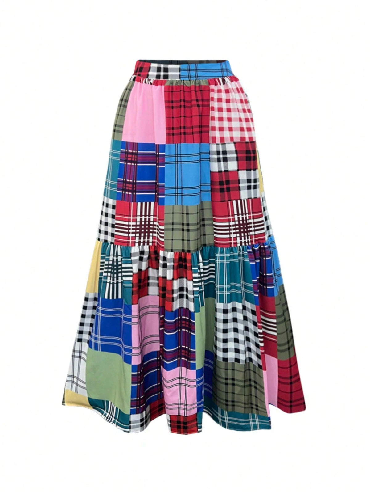 Holiday Chic Bohemian Plaid Print Patchwork Elastic Waist Waist Side Pocket Half Skirt.