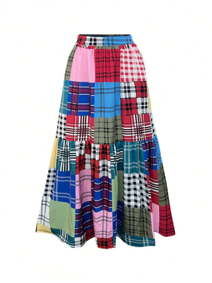 Holiday Chic Bohemian Plaid Print Patchwork Elastic Waist Waist Side Pocket Half Skirt.