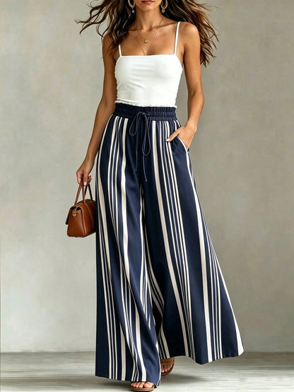 Holidaya Blue & White Stripe Textured Drawstring Waist Pocketed Vacation Wide-Leg Pants Summer Outfits For Women