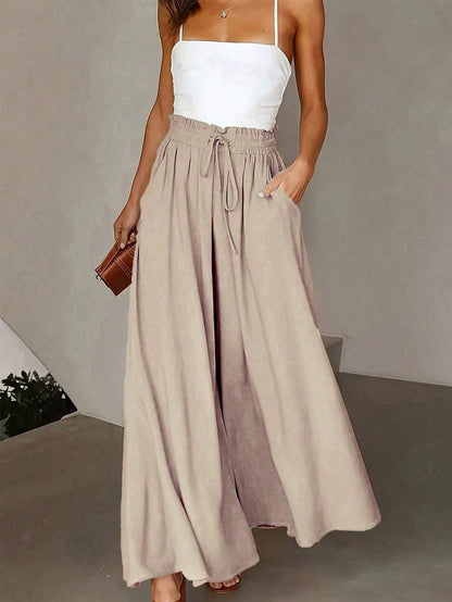 Holidaya Blue & White Stripe Textured Drawstring Waist Pocketed Vacation Wide-Leg Pants Summer Outfits For Women