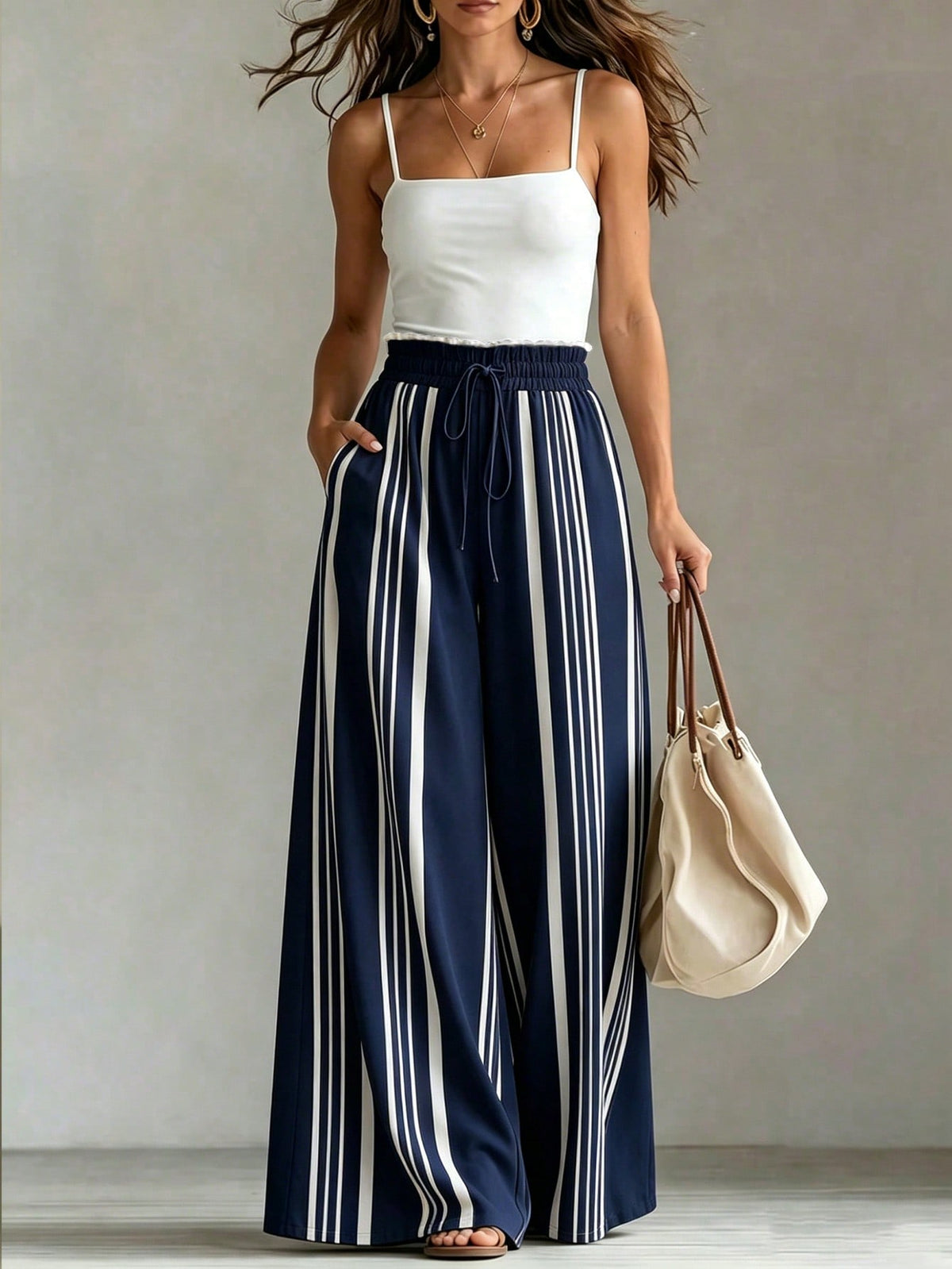 Holidaya Blue & White Stripe Textured Drawstring Waist Pocketed Vacation Wide-Leg Pants Summer Outfits For Women