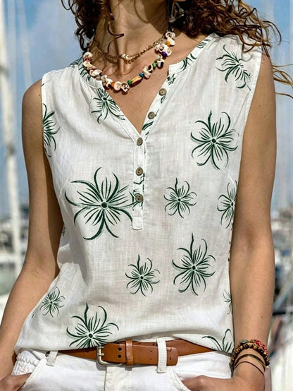 Holidaya Floral Print Notched Collar Button Casual Tank Top For Summer