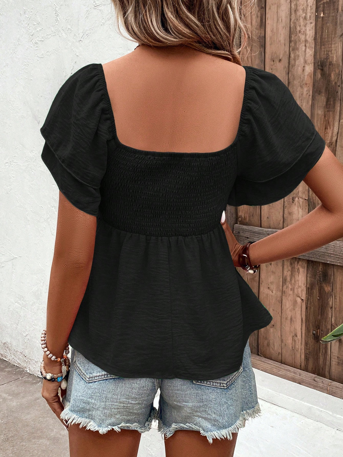 Holidaya Square Collar Crop Top With Ruched Hem And Layered Flutter Sleeves In Black Peplum Top