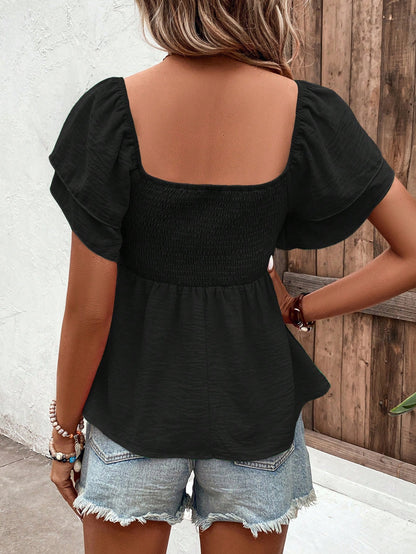 Holidaya Square Collar Crop Top With Ruched Hem And Layered Flutter Sleeves In Black Peplum Top