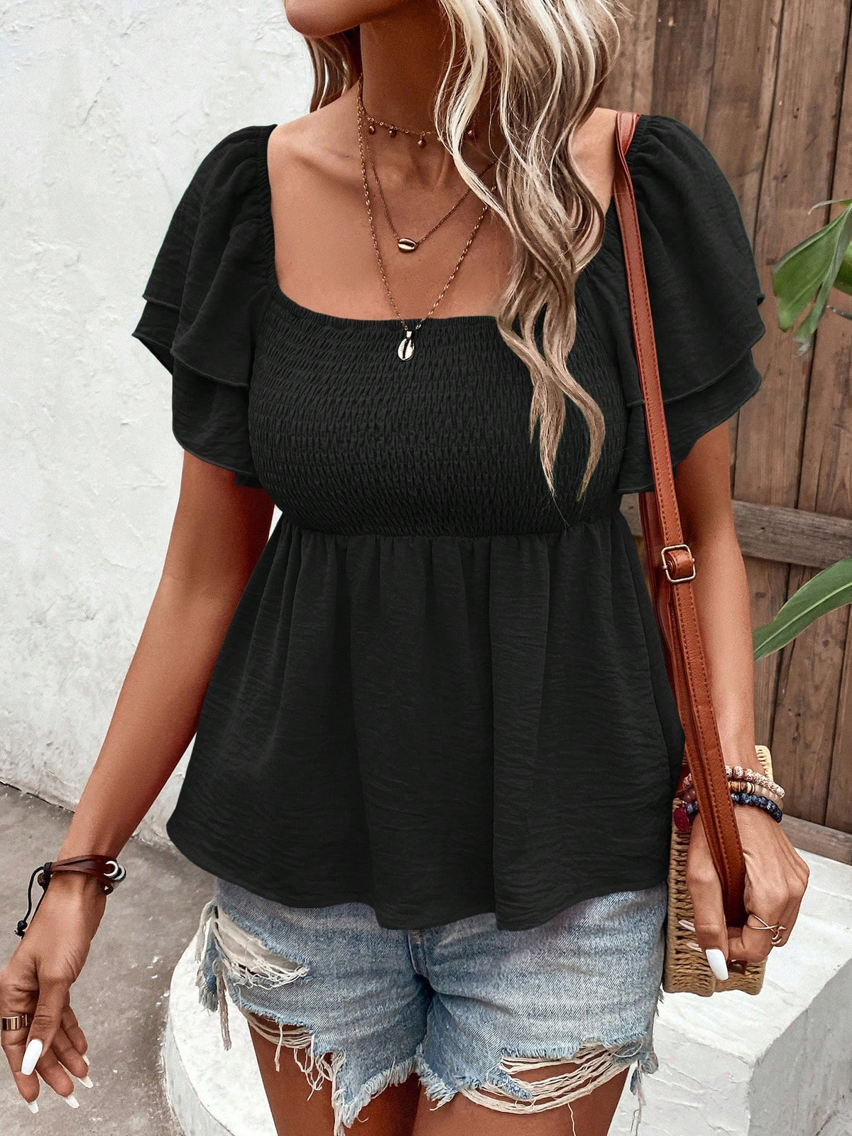 Holidaya Square Collar Crop Top With Ruched Hem And Layered Flutter Sleeves In Black Peplum Top