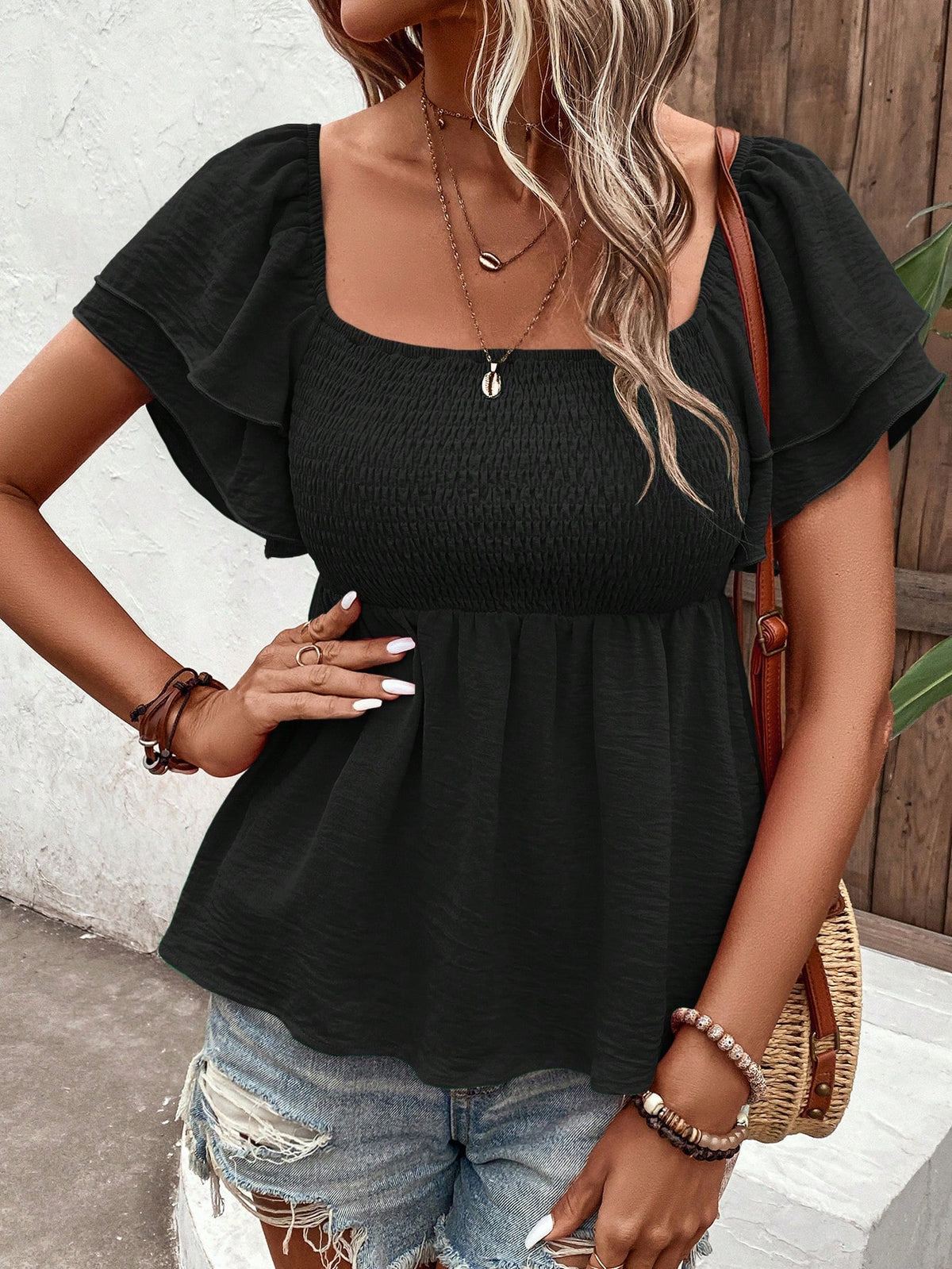 Holidaya Square Collar Crop Top With Ruched Hem And Layered Flutter Sleeves In Black Peplum Top