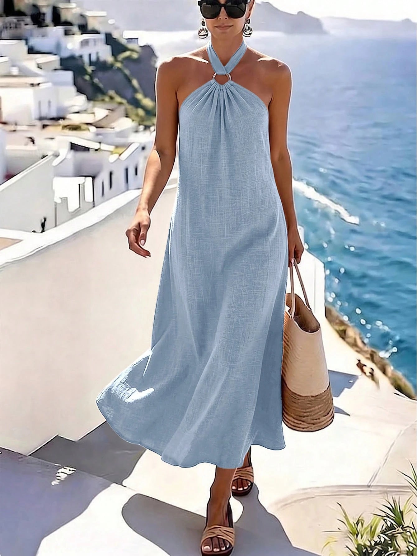 Holidaya Women's Elegant Halter Neck Beach Vacation Dress, Orange Elegant Slimming A-Line Dress, Sleeveless Full Skirt Mediterranean Vacation Style, Loose Fit, Ring Buckle Design, Gentle And Ele