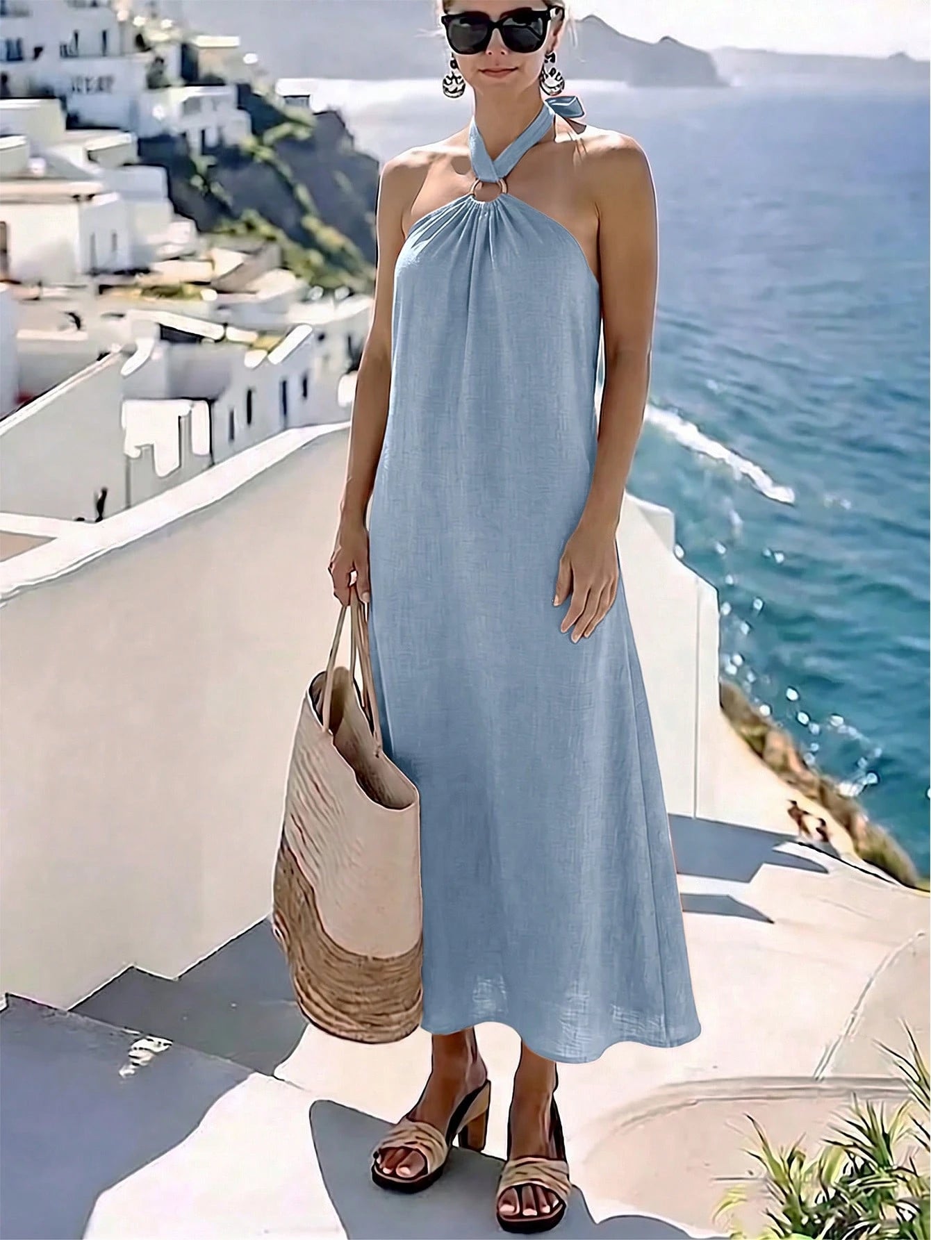 Holidaya Women's Elegant Halter Neck Beach Vacation Dress, Orange Elegant Slimming A-Line Dress, Sleeveless Full Skirt Mediterranean Vacation Style, Loose Fit, Ring Buckle Design, Gentle And Ele