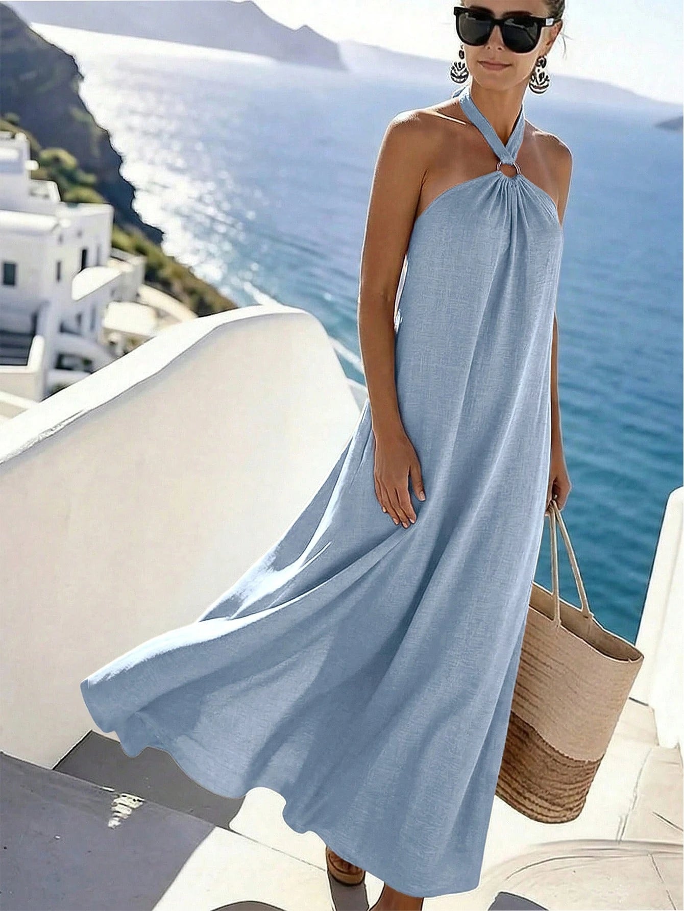 Holidaya Women's Elegant Halter Neck Beach Vacation Dress, Orange Elegant Slimming A-Line Dress, Sleeveless Full Skirt Mediterranean Vacation Style, Loose Fit, Ring Buckle Design, Gentle And Ele