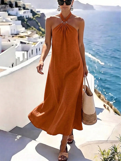 Holidaya Women's Elegant Halter Neck Beach Vacation Dress, Orange Elegant Slimming A-Line Dress, Sleeveless Full Skirt Mediterranean Vacation Style, Loose Fit, Ring Buckle Design, Gentle And Ele