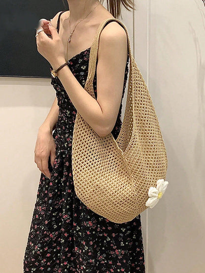 Hollow Woven Straw Bag, Bohemian Style Beach Tote, Hollow Tote Bag, Large Capacity Shopping Beach Bag, Fashion Hollow Woven Straw Bag