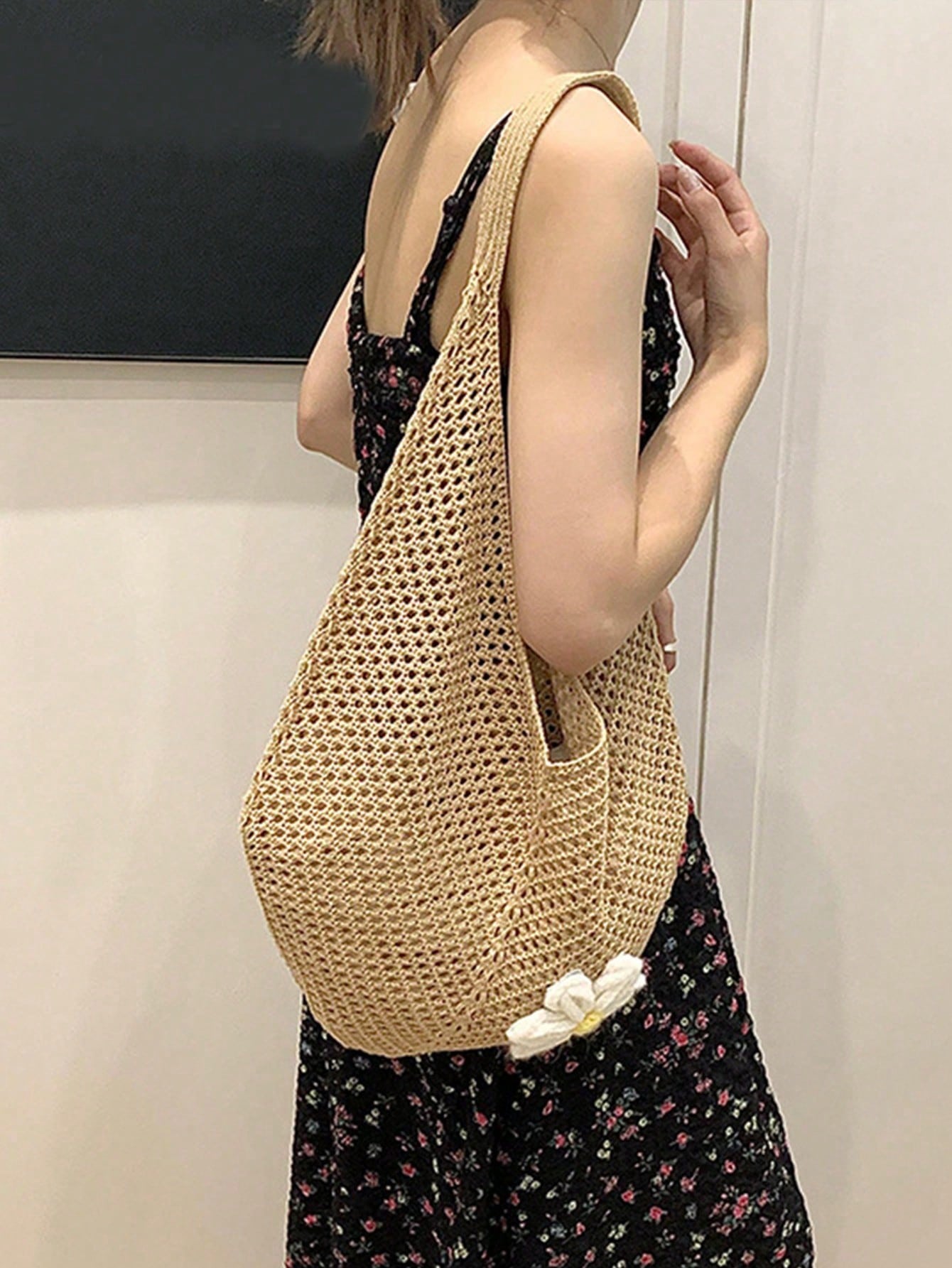 Hollow Woven Straw Bag, Bohemian Style Beach Tote, Hollow Tote Bag, Large Capacity Shopping Beach Bag, Fashion Hollow Woven Straw Bag