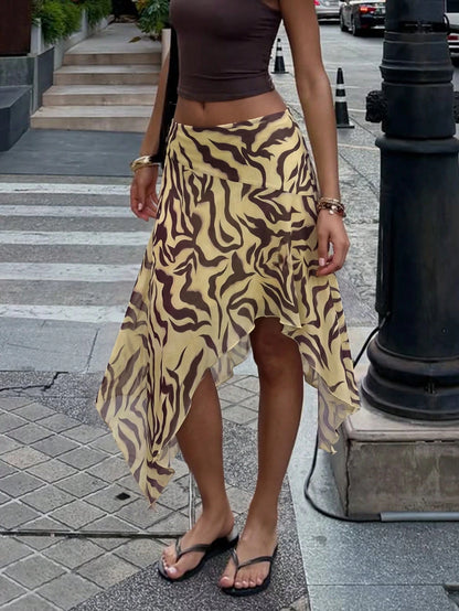 HoloChill Bohemian Style Women's Asymmetric Mid-Length Skirt, Pleated Detail Design, Woven Fabric Contrast Color Digital Print, Casual Summer Style 2026 New Arrival, Women's Summer Outfit, Holiday Clo