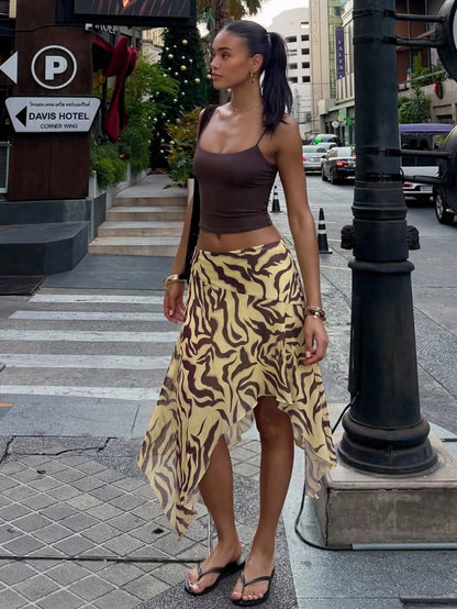 HoloChill Bohemian Style Women's Asymmetric Mid-Length Skirt, Pleated Detail Design, Woven Fabric Contrast Color Digital Print, Casual Summer Style 2026 New Arrival, Women's Summer Outfit, Holiday Clo