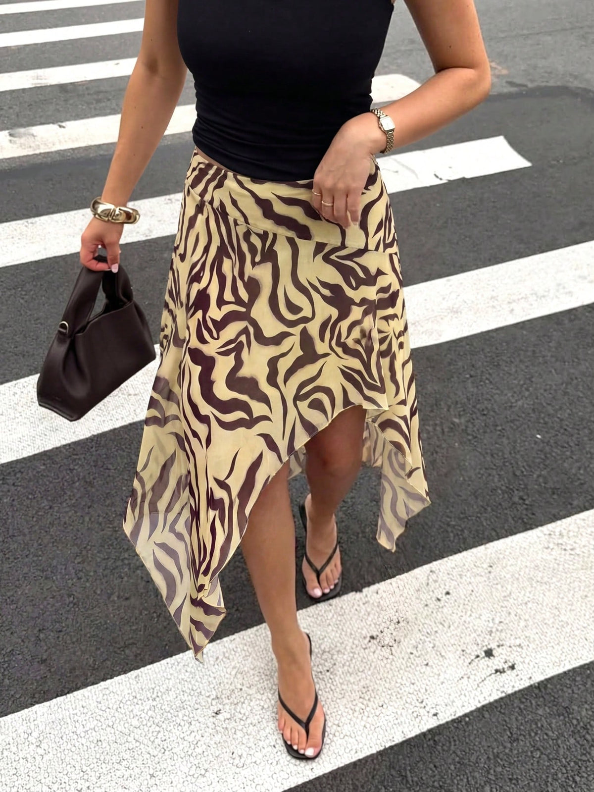 HoloChill Bohemian Style Women's Asymmetric Mid-Length Skirt, Pleated Detail Design, Woven Fabric Contrast Color Digital Print, Casual Summer Style 2026 New Arrival, Women's Summer Outfit, Holiday Clo
