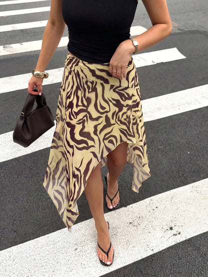 HoloChill Bohemian Style Women's Asymmetric Mid-Length Skirt, Pleated Detail Design, Woven Fabric Contrast Color Digital Print, Casual Summer Style 2026 New Arrival, Women's Summer Outfit, Holiday Clo
