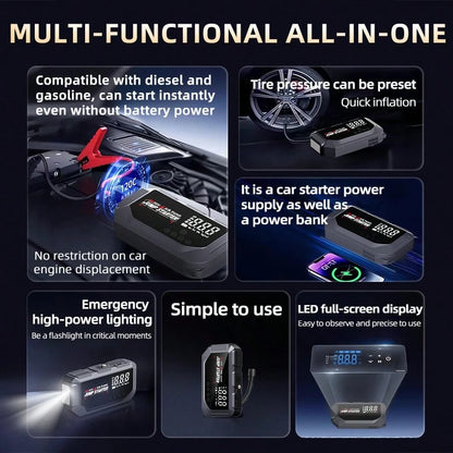 HUASHIJIE Portable Large-Capacity 12V 8000A Smart Emergency Car Jump Starter, Flashlight, Power Bank, Air Pump. Suitable For All Gasoline Vehicles And All Types Of Engines. Gifts For Road Trip, Mother