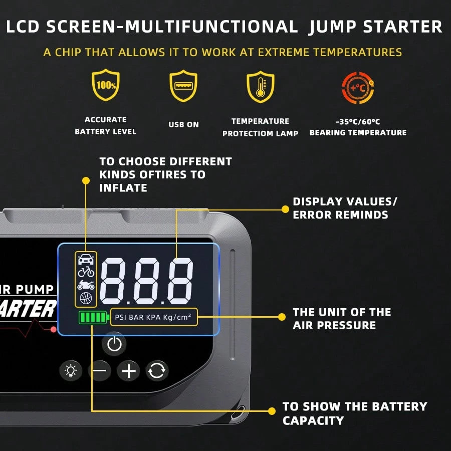 HUASHIJIE Portable Large-Capacity 12V 8000A Smart Emergency Car Jump Starter, Flashlight, Power Bank, Air Pump. Suitable For All Gasoline Vehicles And All Types Of Engines. Gifts For Road Trip, Mother