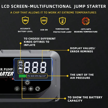 HUASHIJIE Portable Large-Capacity 12V 8000A Smart Emergency Car Jump Starter, Flashlight, Power Bank, Air Pump. Suitable For All Gasoline Vehicles And All Types Of Engines. Gifts For Road Trip, Mother