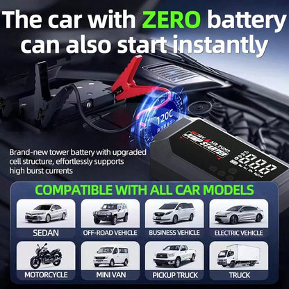 HUASHIJIE Portable Large-Capacity 12V 8000A Smart Emergency Car Jump Starter, Flashlight, Power Bank, Air Pump. Suitable For All Gasoline Vehicles And All Types Of Engines. Gifts For Road Trip, Mother