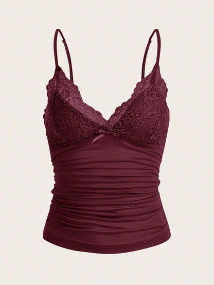 ICON Elegant Solid Contrast Lace Ruched Y2k Cami Top