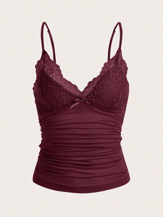 ICON Elegant Solid Contrast Lace Ruched Y2k Cami Top