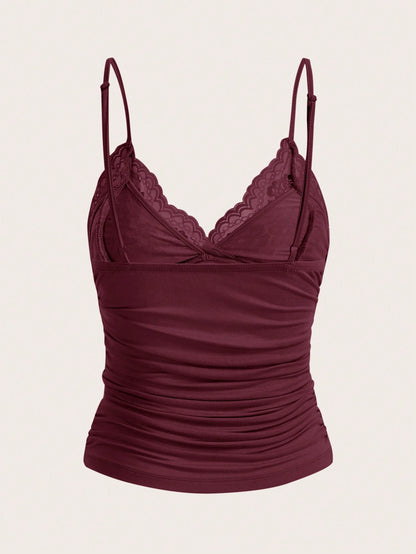 ICON Elegant Solid Contrast Lace Ruched Y2k Cami Top