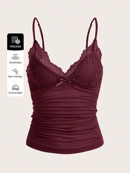 ICON Elegant Solid Contrast Lace Ruched Y2k Cami Top